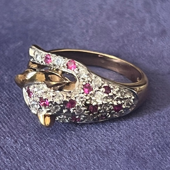Gold Tone Panther Ring with Clear and Pink Stones Marked 925 - Picture 8 of 10